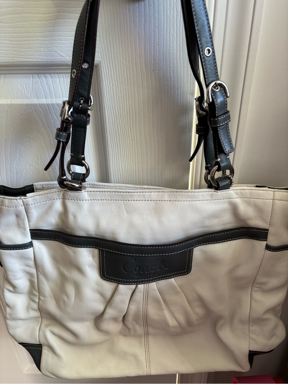 Coach Cream Leather Tote with Black Trim and Straps